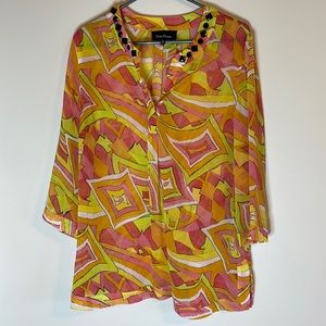 Evan Picone Womens 14 Retro Color Sheer Neon V-Neck Blouse